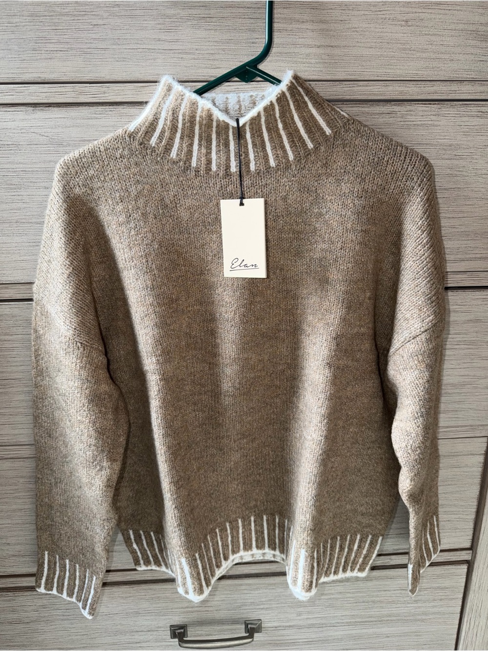 Elan Taupe and White Rib-Trim Wool-Blend Turtleneck Sweater